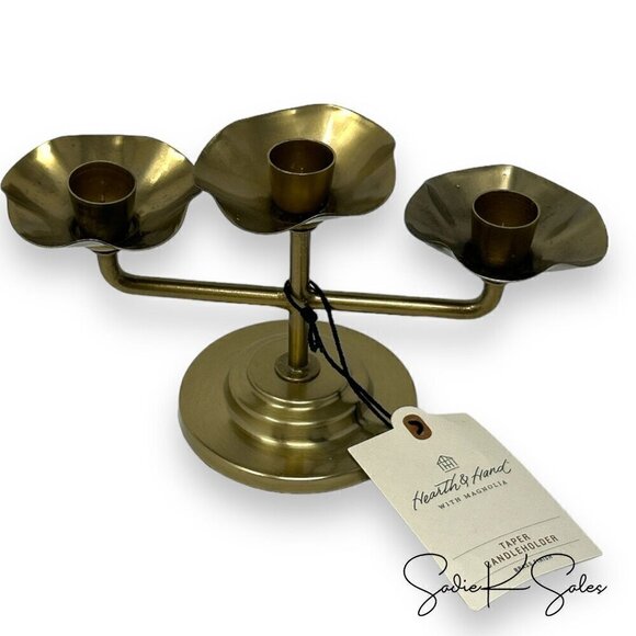 4" Scalloped Brass 3ct Taper Candelabra Antique Finish - Hearth & Hand Magnolia - Picture 4 of 4